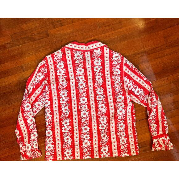 Vintage 60s Lady Marlboro Red White Floral Western Boho Long Sleeve Blouse Small - Picture 8 of 8
